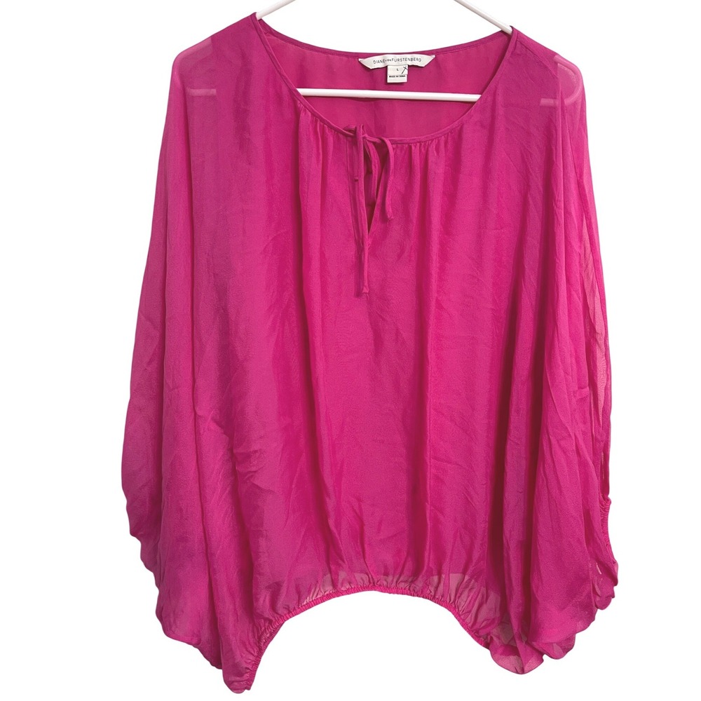 Diane von Furstenberg DVF Pink 100% Silk Chiffon Batwing Cape Blouse Top L